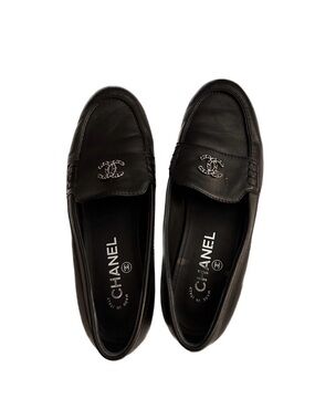 Chanel Black Leather CC Logo Loafers